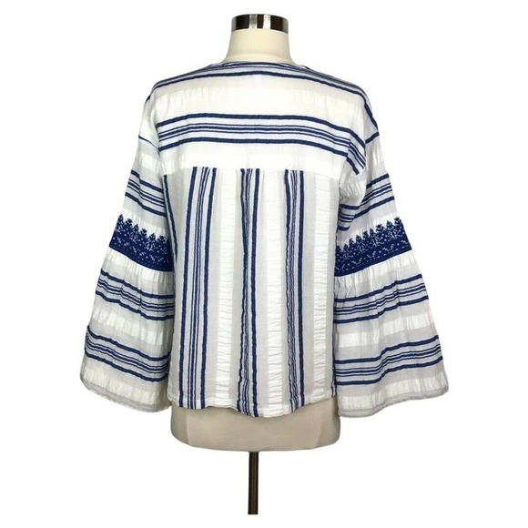 Joie Selbea Top XS Regatta Blue Striped Embroidered Bell Sleeve Cotton Blouse - Picture 7 of 10